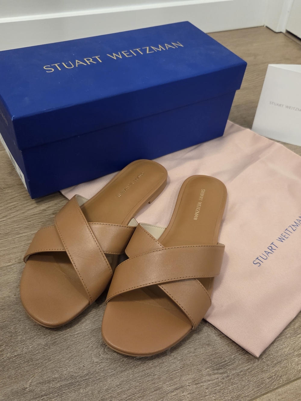 Stuart Weitzman Camel Tan Crossband Slide Sandals